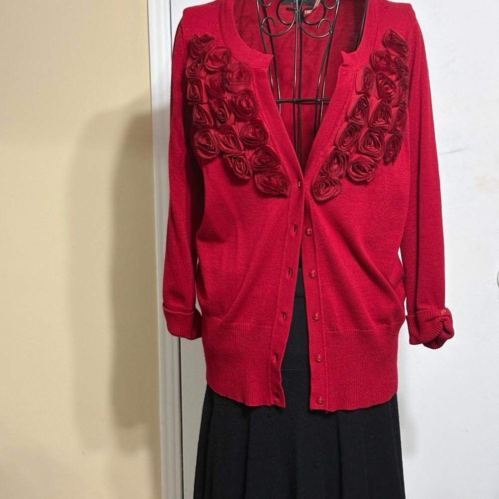 Elegant Red Women's Sweater with Floral Accents And Skirt